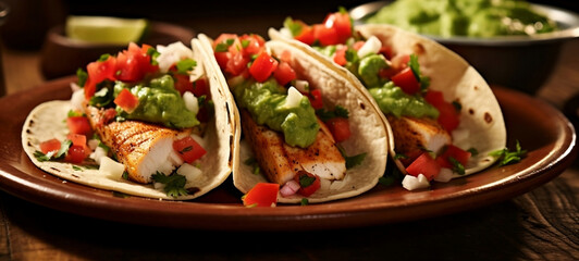Tacos. Fish tacos with guacamole pico de gallo and fresh cilantro. Generative AI.