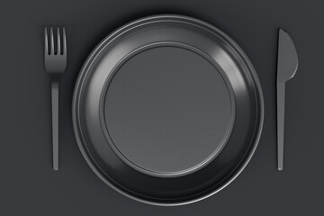 Set of disposable utensils like plate, folk, spoon,knife on monochrome