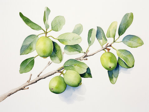 A Minimal Watercolor Painting of Feijoa Growing on a Farm