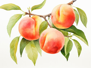 A Minimal Watercolor Painting of Peaches Growing on a Farm