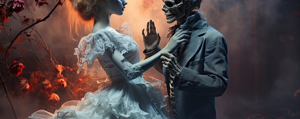 Happy Halloween banner post event party invitation background with dead skull couple skeleton.