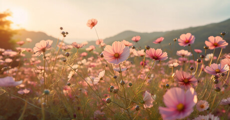 flower pink blooming sky sunset nature field beautiful meadow violet background. Generative AI.