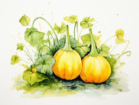 A Minimal Watercolor Painting of Squash Growing on a Farm