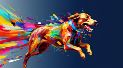 Olympics marathon running Dog. Colorful. Empty Copy space on the side. Generative AI.