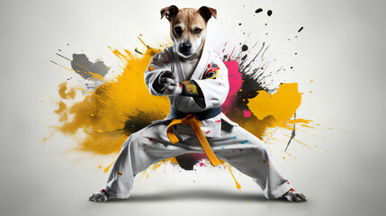 Martial Arts Dog. Colorful. Empty Copy space on the side. Generative AI.