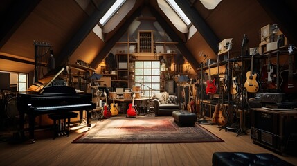 Music room with instruments. Created using Generative AI technology.