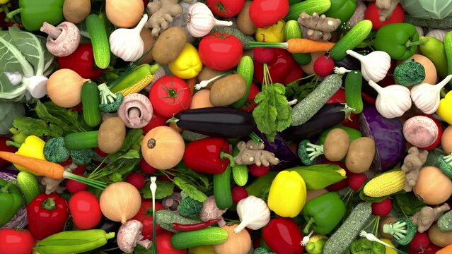 Various vegetables fall down and cover a light background. Includes an alpha channel.