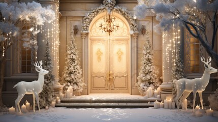 the enchanting beauty of a snow-covered garden adorned with glimmering holiday decorations, such as...