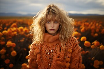 Blonde Beauty in Orange Sweater: Confident Stance. Stylish and Vibrant Attire. Radiating Elegance and Fashion Flair. Striking Presence in Orange Hue. Generative Ai