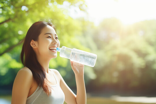 熱中症対策で水を飲む女性