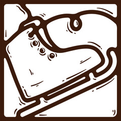 Fragment of advent calendar for kids. New Year icon with ice skates. Vector doodle illustration. Handdrawn coloring book page in brown square frame. Christmas gift for children. Winter sport concept