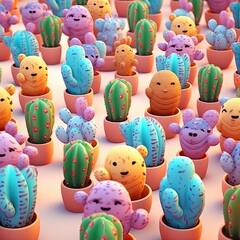 Pattern cacti illustration. Cartoon cacti pattern ornament. Drawing cacti print for clothing, paper, stationery. Bright wallpaper cacti. Generative ai.