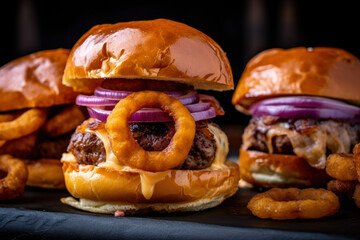 Meatloaf sliders served on a toasted brioche bun with crispy onion rings and a spicy chipotle mayo, creating a savory and juicy comfort food dinner.