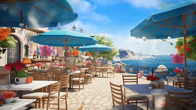 restaurant on the beach with butterfly with cartoon or anime style background. seamless looping time-lapse virtual 4k video animation background.