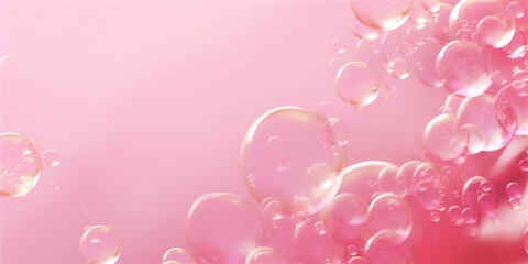 Pastel pink transparent soap bubbles on pink background, ai generated