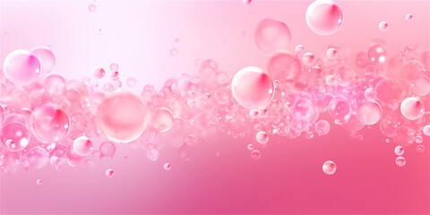 Pastel pink transparent soap bubbles on pink background, ai generated
