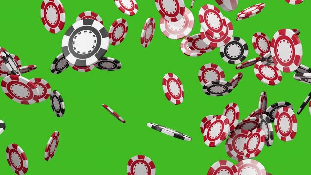 Isolated casino poker chips falling in slow motion. Green screen chroma key background with alpha channel. Luck and money jackpot win concept. Copy space for logo name or banner text