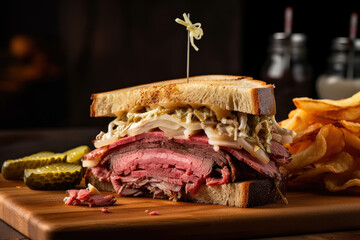 Reuben sandwich with corned beef, sauerkraut, Swiss cheese, and Russian dressing on rye bread, served with crispy onion rings and pickles, showcased on a wooden board.