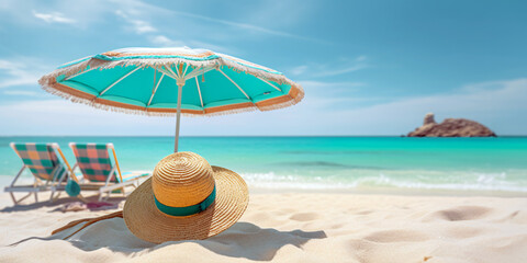 Fototapeta na wymiar Straw hat and sun lounger on the beach. Summer vacation concept