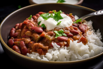 Red beans and rice topped with sour cream and diced tomatoes, a delicious and hearty Tex-Mex,...