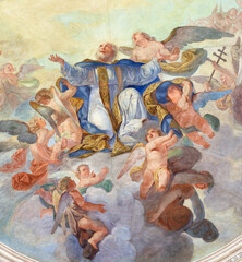 GENOVA, ITALY - MARCH 7, 2023: The of  fresco of apotheosis of St. Sixtus II in the church Chiesa...