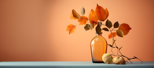 Autumn Still Life Composition with Glass Vase, Leaves and Flowers