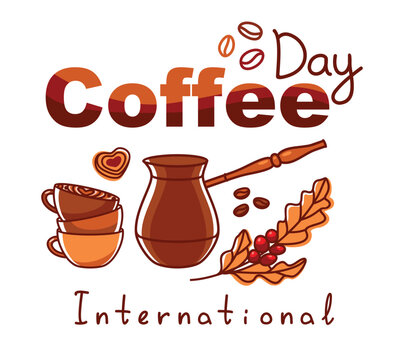 Cezve and various types of coffee. International coffee day banner.  Coffee day banner. Vector.