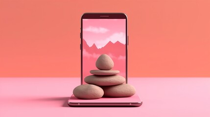 Smartphone balancing with pink background generative ai