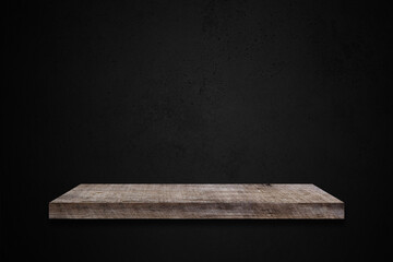 Product showcase with wood stand podium on dark room background. Use as montage for product display