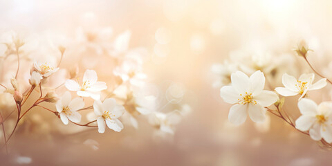 Abstract background with an apple blossom branch in focus against a soft backdrop. Pink hues and delicate petals create a dreamlike, romantic scene.