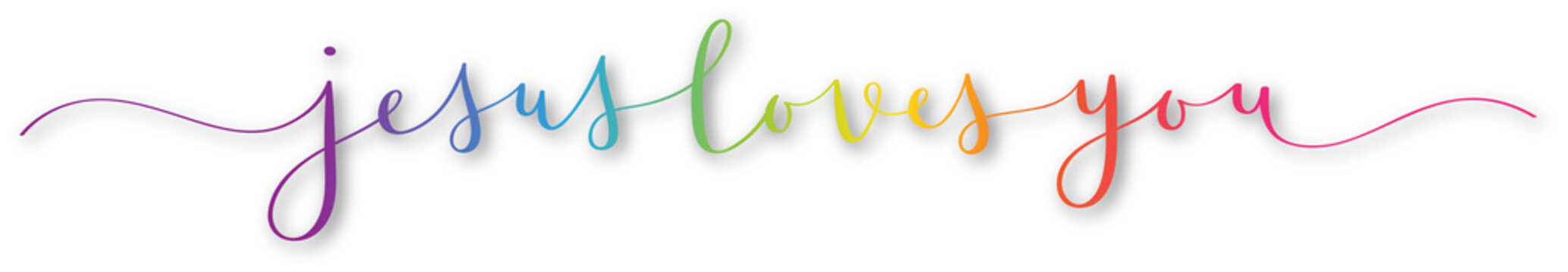 JESUS LOVES YOU rainbow-colored brush calligraphy banner on transparent background