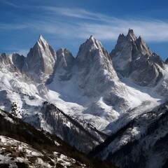 An awe-inspiring mountain range, with towering peaks covered in snow, framed by a clear blue sky - Generative AI