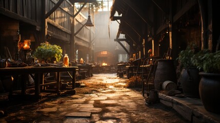 narrow street with taverns and stone road. stylization of the old city