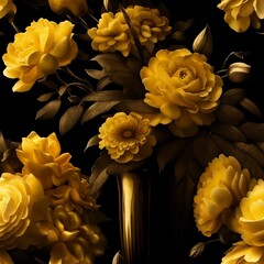 Still life with yellow flowers, vase with yellow flowers, moody dark vibes