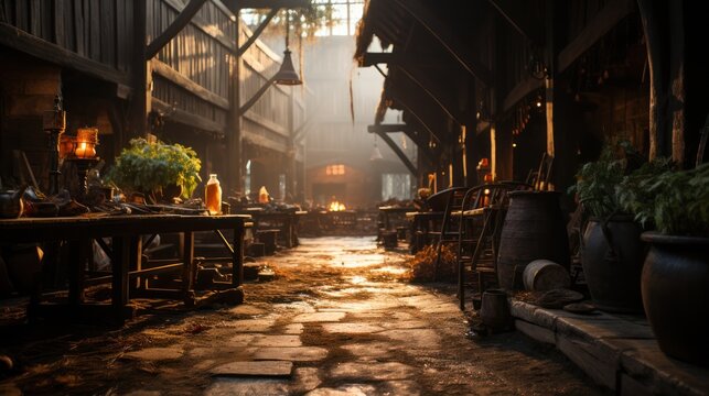 narrow street with taverns and stone road. stylization of the old city