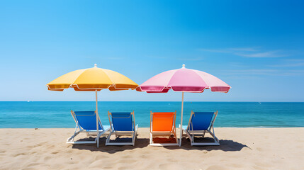 Beach beds colorful umbrella and sand on sea shore in summer