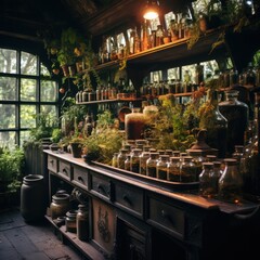 Rustic style room with lots of glass bottles and herbs. Herbal apothecary aesthetic. home of a healer or medicine man. 