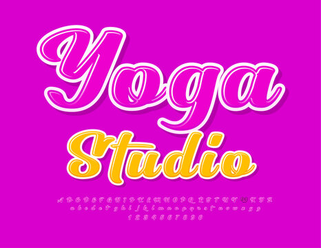 Vector stylish sign Yoga Club. Cursive Glossy Font. Set of modern Alphabet Letters and Numbers