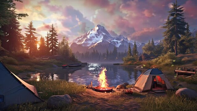 beautiful landscape camping in the mountains background.  seamless looping time-lapse virtual 4k video animation background.