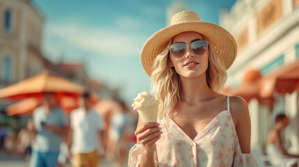 happy beautiful young woman with blond hair in a straw hat eats an ice cream cone on a sunny day on the sea coast. 