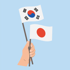 Flags of South Korea and Japan, Hand Holding flags