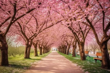 Foto op Plexiglas Zalmroze Sakura Cherry blossoming alley. Wonderful scenic park with rows of blooming cherry sakura trees in spring. Pink flowers of cherry tree