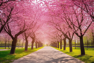 Sakura Cherry blossoming alley. Wonderful scenic park with rows of blooming cherry sakura trees in spring. Pink flowers of cherry tree