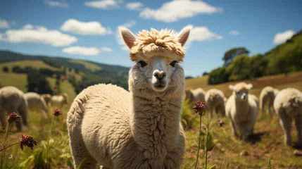 Poster young cute llama on the farm field against the backdrop of mountains and a herd of grazing llamas.  © Margo_Alexa