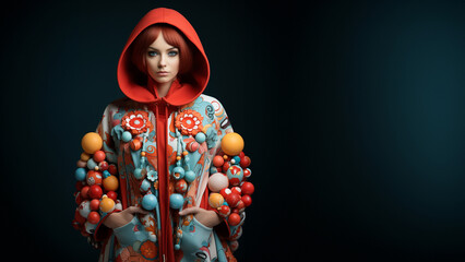 Fashion Frau mit Futuristischer bunter Designer Jacke  und Kaputze Porträt, ai generativ