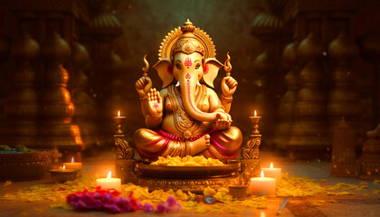 Lord Ganesha golden sculpture - ai generative - obrazy, fototapety, plakaty