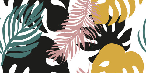 Fototapeta na wymiar Trendy colored seamless pattern, tropical leaves. Vector design. Seal, jungle. Printing and textiles. exotic tropics. Summer