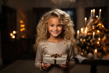Obraz na płótnie Canvas Happy smiling girl with christmas gift at xmas lights background