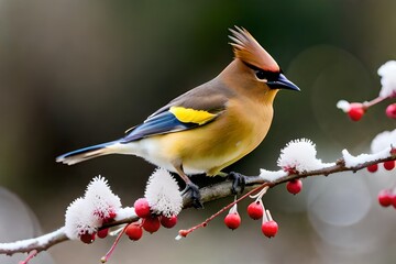 Cedar waxwing in eating serviceberry in serviceberry bush, Marion County, Illinois. - obrazy, fototapety, plakaty
