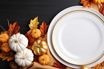 Modern table setting for fall holidays, thanksgiving, halloween, wedding with white plate mockup